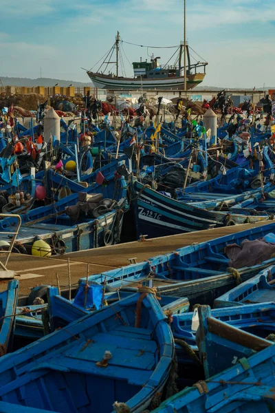 Fas 'ta. Essaouira. Limana demirlemiş tipik mavi balıkçı tekneleri.