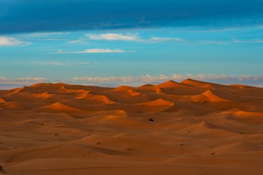 Kuzey Afrika. Fas 'ta. Merzouga 'da. Sahra çölünün kum tepeleri alacakaranlıkta mavi gökyüzünün altında