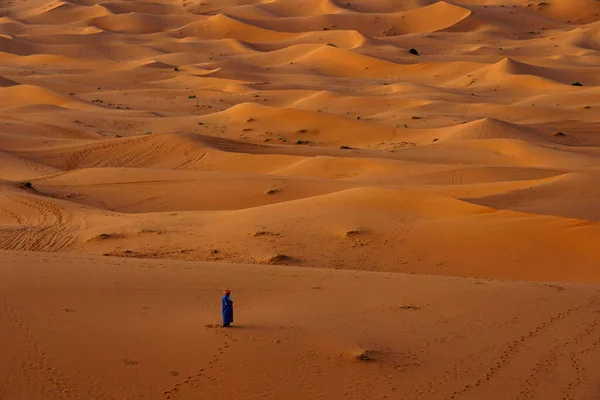 Kuzey Afrika. Fas 'ta. Merzouga 'da. Müslüman bir adam Sahra çölünün kum tepelerinde dua eder.