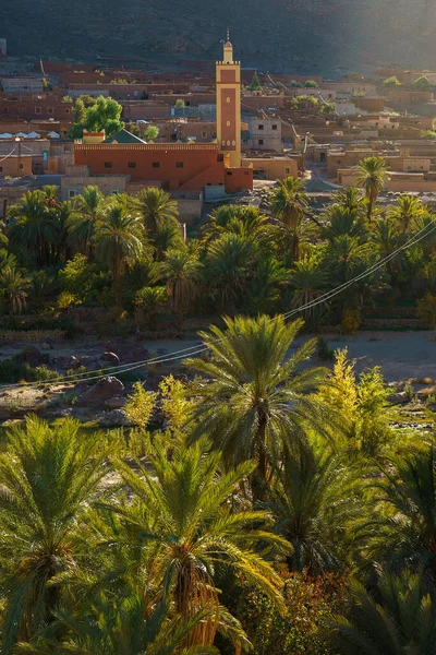 Észak Afrika Marokkó Fint Oázisa Folyó Tenyér Barázda Minaret Falu — Stock Fotó