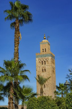 Kuzey Afrika. Fas 'ta. Marakeş. Koutoubia 'nın minaresi.