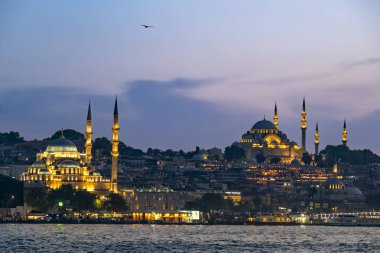 Hindi. İstanbul. Süleyman ve Yeni Cami camileri alacakaranlıkta Boğaz 'a bakıyor