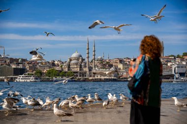 Turkiye. Istanbul. A woman watches seagulls in flight on the edge of the Bosphorus, with the Yeni Cami Mosque and Istanbul in the background clipart