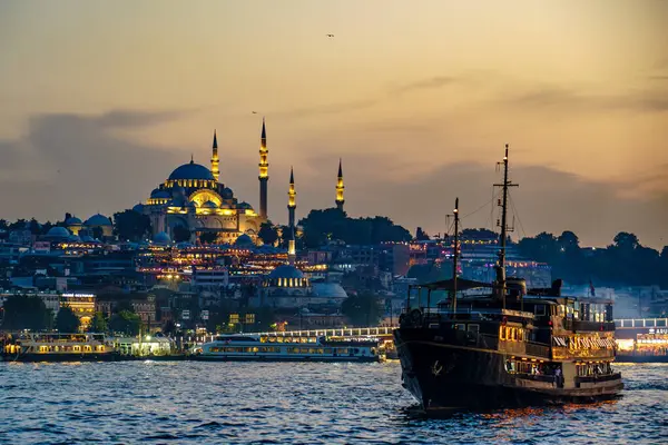 Hindi. İstanbul. Günbatımında arkaplanda Süleyman Camii 'nin olduğu Boğaz' da bir yolcu gemisi