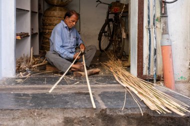Hindistan. Rajasthan. Udaipur. Bir zanaatkar hasır sepet yapımında kullanılan bambuları kesiyor..