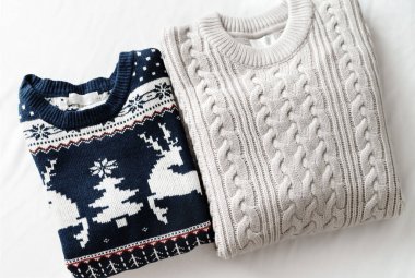 Yatakta iki süveter, üstten manzara