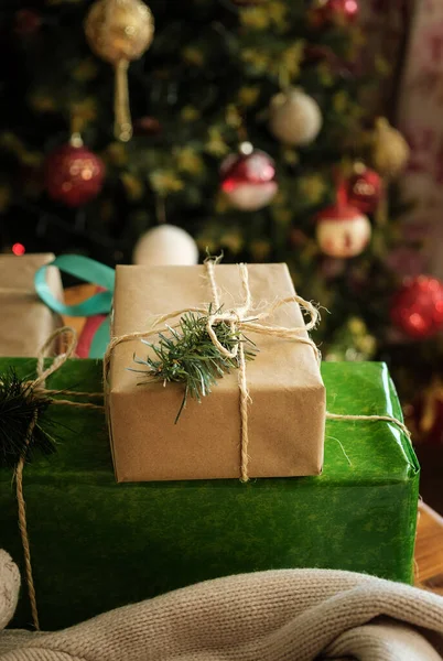 Christmas or New year gift packing. Handmade Christmas or new year decorated gift box concept