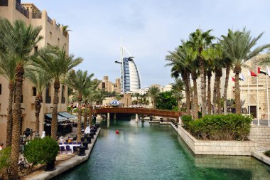 Burj Al Arab luxury hotel seen from the Souk Madinat Jumeirah. Editorial taken 31 December 2022