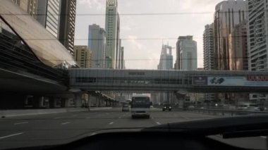 Dubai view from inside car through the rear window, Editorial taken 2 January 2023, Dubai, UAE