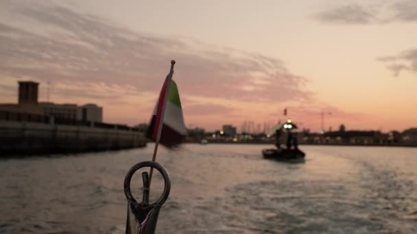 Uae Country Flag Waving Back Sailboat Dubai Creek — Stockvideo