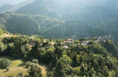 Aerial view of small Greek village in the mountain 