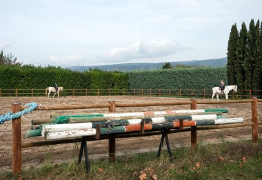 Arenada Beyaz Ata Binen İnsanlar. At biniciliği. Eğitimdeki binek atı, arenada binek atı..
