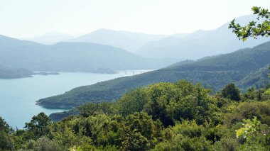 Picturesque landscape view of lake and mountains in Central Greece, Evrytania region. Lake Kremaston.