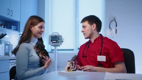 兽医向小狗主人解释如何照顾宠物的健康 一个女人抱着她的约克郡泰瑞埃在一个现代兽医诊所 高质量的4K镜头 — 图库视频影像