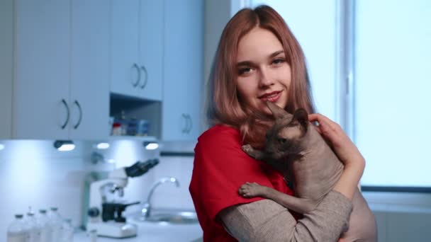 Egy Fiatal Aranyos Mosolygós Női Állatorvos Simogatja Felnőtt Szfinx Macskát — Stock videók