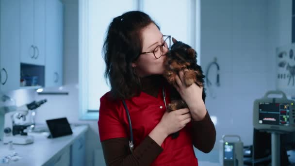 若い笑顔で思いやりのある女性の獣医がキスをして ヨークシャーのテリア子犬に鼻をこすりつけています 医師は 医師のスーツ 聴診器を身に着けています 高品質4K映像 — ストック動画