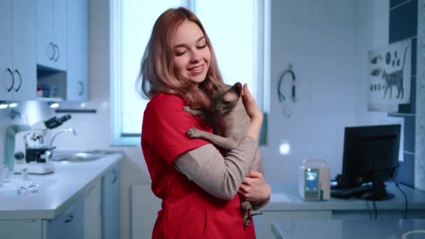 在一个现代化的诊所里 与一只名叫Sphynx的猫在一起的年轻的女医生笑得很可爱 兽医正在养和爱抚成年纯毛无毛猫 高质量的4K镜头 — 图库视频影像