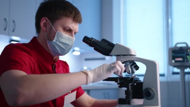 Молодой Мужчина Сосредоточенный Работе Ветеринар Проводит Лабораторные Исследования Помощью Микроскопа — стоковое видео