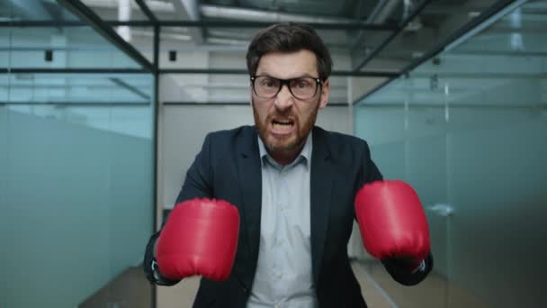 Närbild Arg Affärsman Med Boxningshandskar Kontoret Porträtt Kaukasisk Skäggig Man — Stockvideo