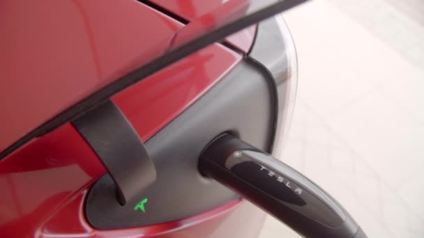 Kyiv Ukrayna Nisan 2021 Sürücü Elektrikli Aracın Fişini Çekti Tesla — Stok video