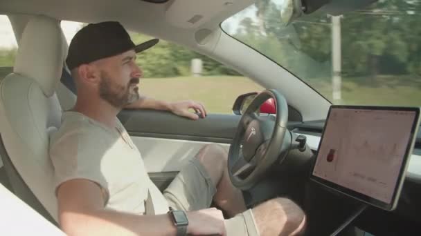 Kyiv Ukraine Aug 2021 Male Driver Controls Way Driving Using — Stock Video