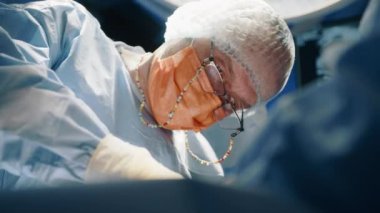 Gözlüklü bir veteriner, bir hayvana ameliyat yapıyor. Hayvana daha fazla zarar vermemek için dikkatli ve istikrarlı olmalılar. Yüksek kalite 4k görüntü. 