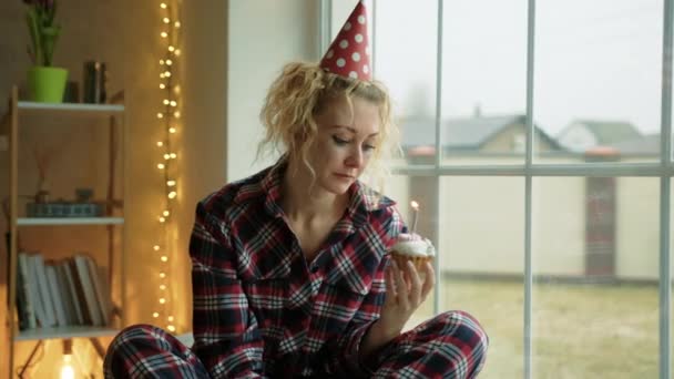Sad Woman Runny Make Looks Cupcake Candle She Looks Upset — Stock Video