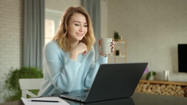 Güzel Genç Bir Sarışın Evdeki Mobilyalı Bir Odada Dizüstü Bilgisayarla — Stok video