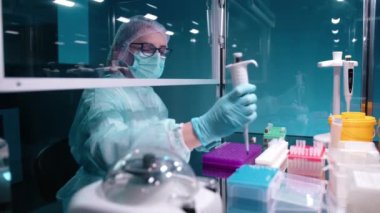 Doktor mavi tepsiden örnekler alıyor ve kullanılmış olanları atarken PCR test tüplerine koyuyor. Bu iş titizlik, dikkatli ve sabit eller gerektirir. Yüksek kalite 4k görüntü 