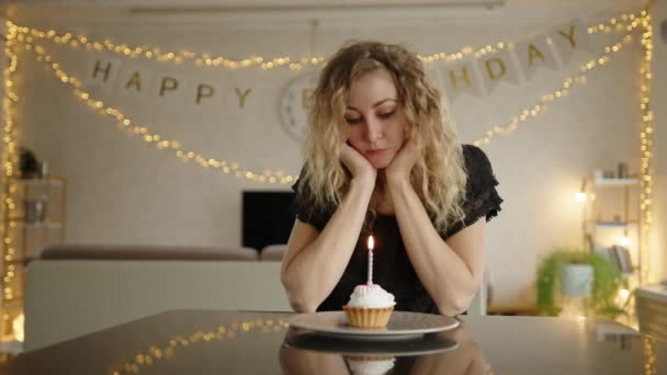 Woman Blowing Candles Birthday Cupcake Upset Look Her Face She — Stock Video