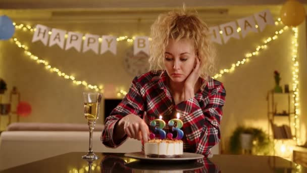 Upset Woman Hands Her Head Looking Birthday Cake Tasting She — Stock Video