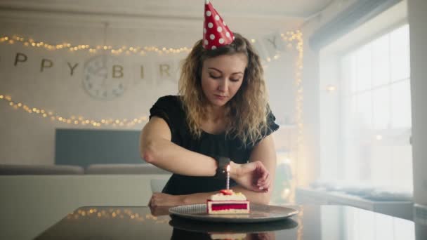 Woman Checking Her Wrist Watch Looking Back Piece Birthday Cake — Stock Video
