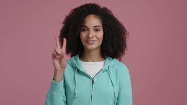 Portrait Happy Woman Making Greeting Gesture Indoors Beautiful Smiling Woman — Stock Video