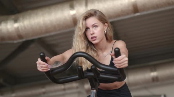 ジムでのフィットネスルーチン中に焦点を当て 運動選手の女性 自転車で運動するスポーツ女性は 彼女の心血管と筋肉の持久力を構築します 高品質4K映像 — ストック動画