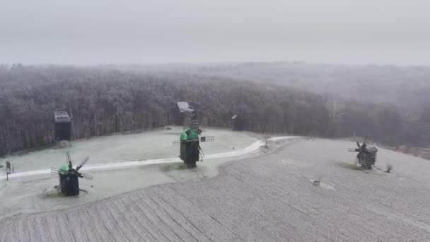 Kyiv Ukraine Aerial Footage Outdoor Museum Windmills Famous Landmark Snowy — Stock Video