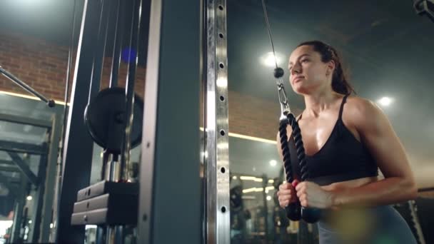 Kuyruklu Güzel Bir Kadın Spor Salonundaki Dikey Sıra Makinesi Üzerinde — Stok video
