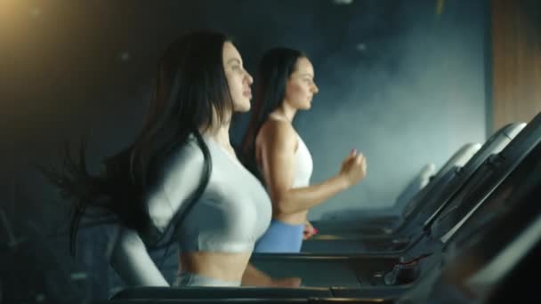 两名体格健壮 一头黑发的年轻女子在跑步机上奔跑 半长的剖面拍摄 女人直直的看着 双手向上移动 模糊的背景 高质量的4K镜头 — 图库视频影像