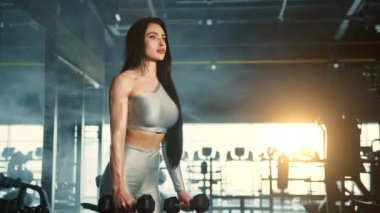 Gümüş rengi dar spor bluzlu ve taytlı orta boy atletik genç kadın spor salonunda dambıl gibi kıvrımlar sergiliyor. Puslu bir arka plan ve güneş ışınları. Yüksek kalite 4k görüntü