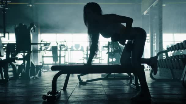 フィットボディと黒の女性のシルエット ジムで1本の腕のダンベル行を実行する長い髪 心臓部 大きな窓 暗い霧の背景に大きな鏡 高品質4K映像 — ストック動画
