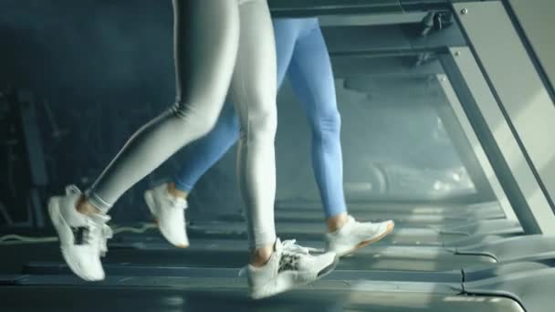 两张在跑步机上跑来跑去的可爱女人的照片 从下往上拍摄 黑头发的女人穿着运动上衣和腿 白色的运动鞋 高质量的4K镜头 — 图库视频影像
