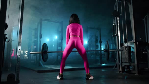 Pełny Widok Tyłu Dobrze Zbudowanej Kobiety Obcisłej Odzieży Sportowej Ćwiczącej — Wideo stockowe