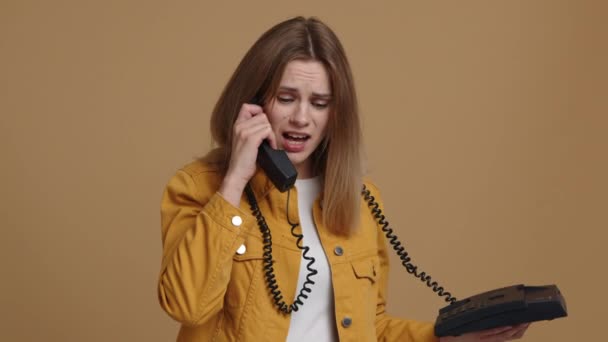 Close Shot Sad Caucasian Woman Dialing Telephone Number Annoyed Upset — Stock Video