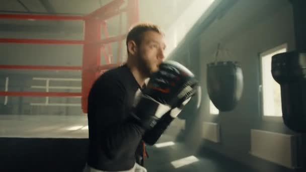 ボクシングの手袋で影のボクシングを実行する若い運動ボクサーの中ショット 男は空気中でパンチをスローします ボクシングリング 背景に袋をパンチ 高品質4K映像 — ストック動画
