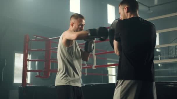 Boxer Mittleren Alters Boxhandschuhen Die Auf Den Runden Boxschild Schlagen — Stockvideo