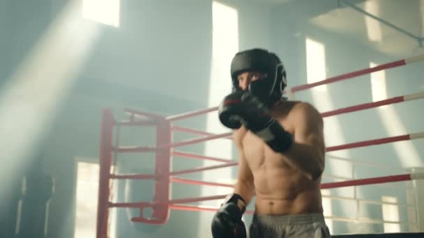 Junge Boxerin Boxhandschuhen Und Helm Mit Nacktem Oberkörper Beim Schattenboxen — Stockvideo
