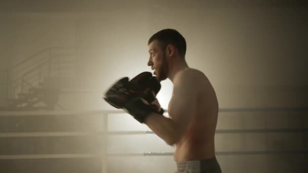 シャドウボクシングで若いボクサーの練習のプロフィール中のショット ジムで裸の胴の練習とボクシングの手袋の戦闘機 謎の背景 高品質4K映像 — ストック動画