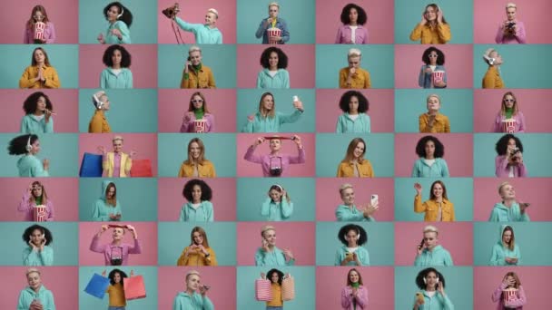 Коллаж Портретов Молодых Женщин Выполняющих Различные Действия Выражающих Различные Эмоции — стоковое видео