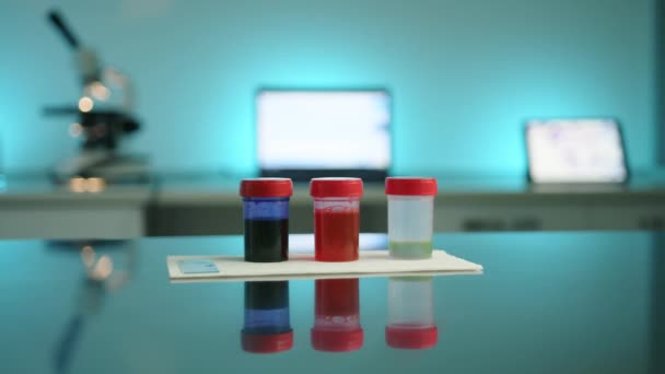 Recipienti Con Analisi Diversi Colori Piedi Sul Tavolo Laboratorio Clinica — Video Stock