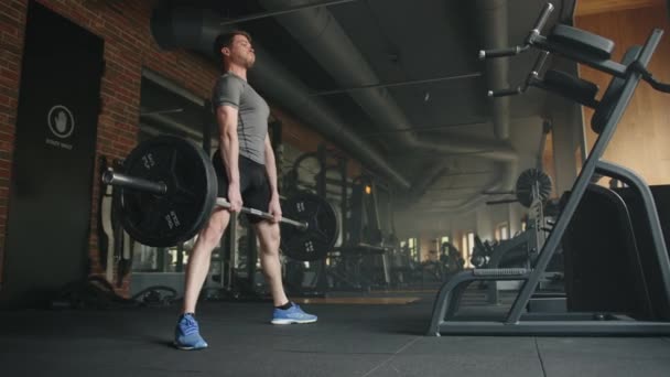 Ung Stilig Atletisk Man Lyfter Skivstång Rymliga Gym Med Styrketräningsutrustning — Stockvideo