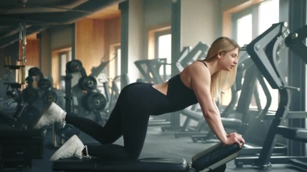 ブロンドの運動選手の女性は 近代的な設備の整ったジムでベンチヒップ拡張を実行します 女性はベンチのすべての4つに膝をつけ 1本の足を前後に伸ばし それを下げる 高品質4K映像 — ストック動画